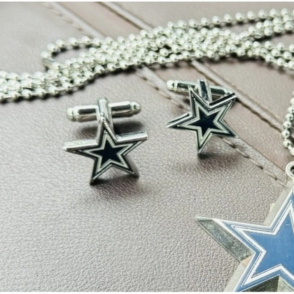 Dallas Cowboys Dog Tag Necklace + Star Charm + Tie Bar + Cufflinks Licensed MINT